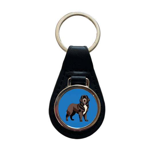 Newfoundland Dog Standing Black Leather Metal Keychain