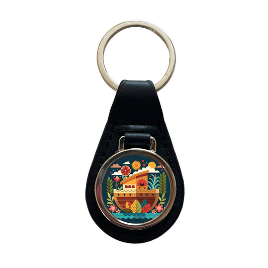 Noah's Ark Floral Bible Story Black Leather Metal Keychain