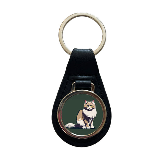 Norwegian Forest Cat Sitting Black Leather Metal Keychain