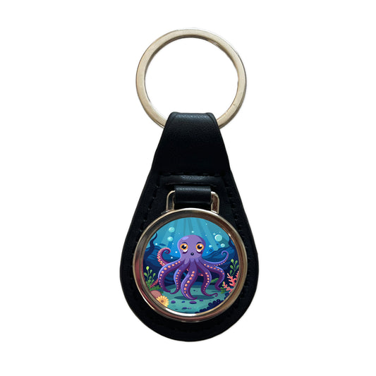 Octopus in Ocean Cute Black Leather Metal Keychain