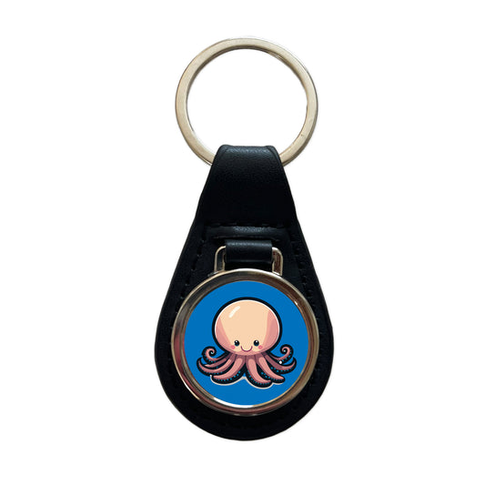 Octopus Smiling Black Leather Metal Keychain