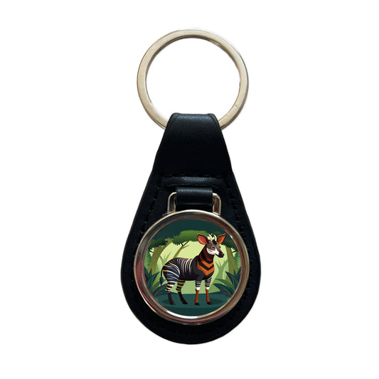 Okapi Forest Zebra Giraffe Black Leather Metal Keychain