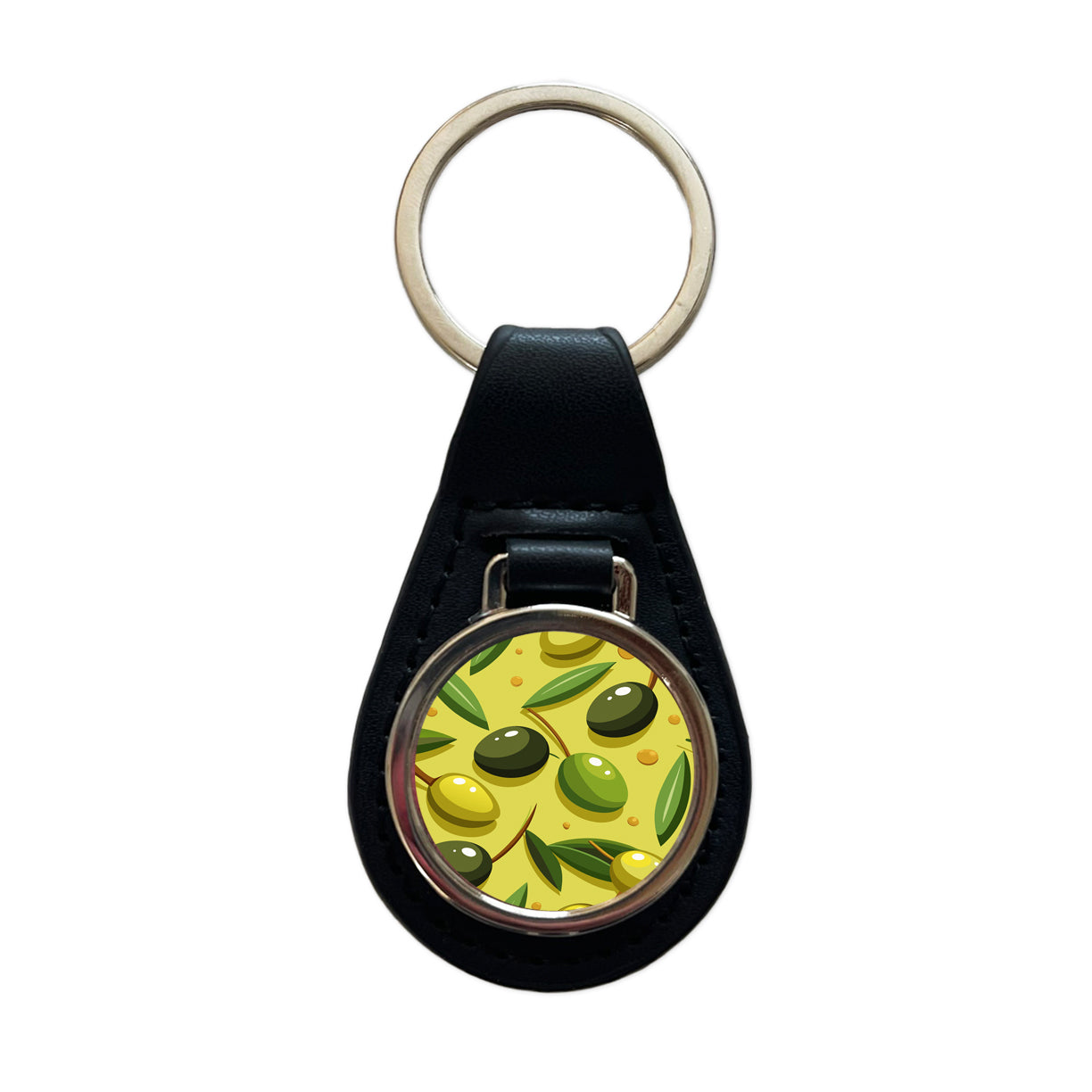 Olives Scattered Pattern Black Leather Metal Keychain