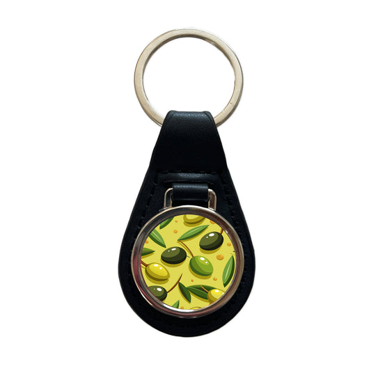 Olives Scattered Pattern Black Leather Metal Keychain