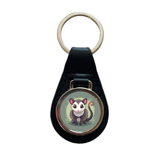 Opossum Cute Animal Black Leather Metal Keychain