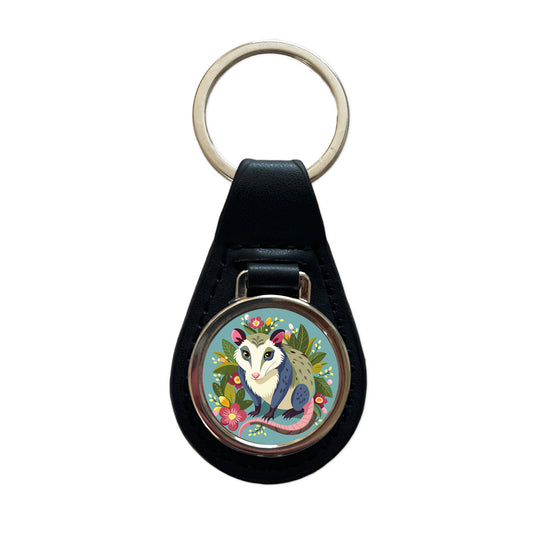 Opossum Floral Flowers Black Leather Metal Keychain