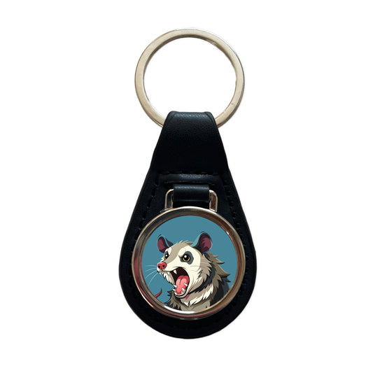Opossum Screaming Funny Black Leather Metal Keychain