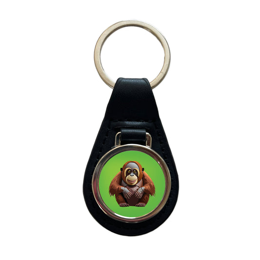 Orangutan Great Ape Sitting Black Leather Metal Keychain