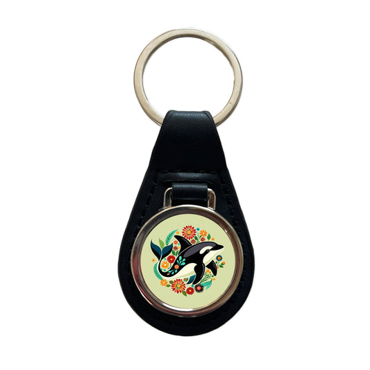 Orca Whale Floral Flowers Black Leather Metal Keychain