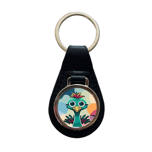 Ostrich Cute Head Black Leather Metal Keychain