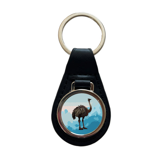 Ostrich Large Bird Standing Black Leather Metal Keychain