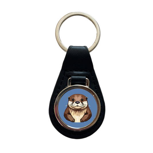 Otter Cute Staring Black Leather Metal Keychain