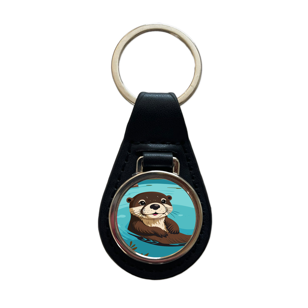 Otter Cute Swimming in Water Black Leather Metal Keychain