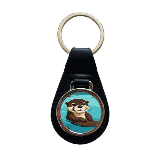 Otter Cute Swimming in Water Black Leather Metal Keychain