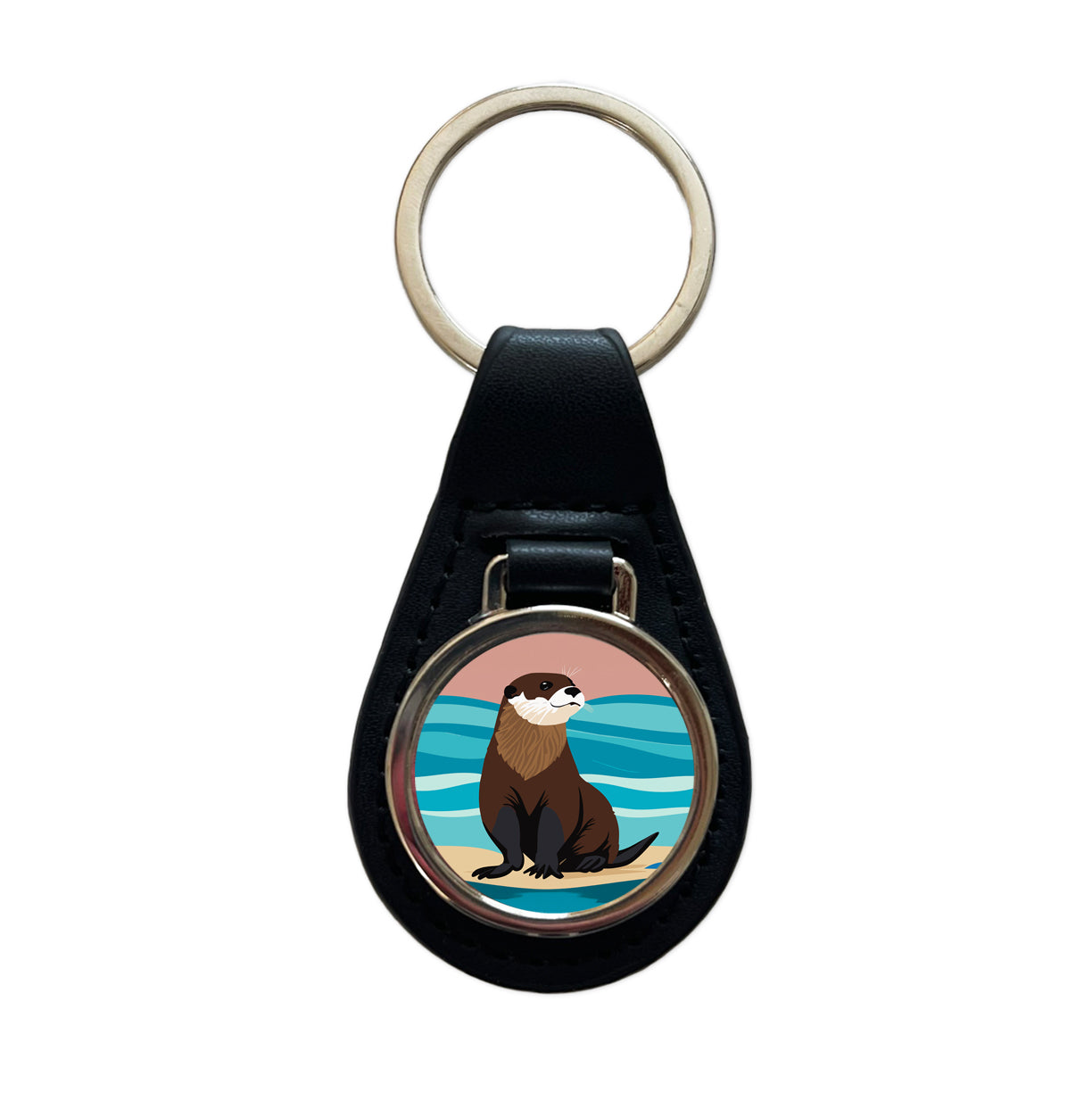 Otter on the Beach Ocean Sea Black Leather Metal Keychain