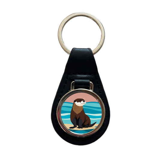 Otter on the Beach Ocean Sea Black Leather Metal Keychain