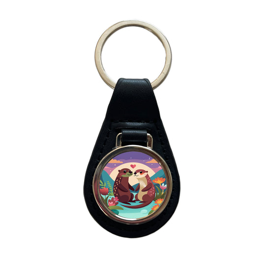 Otters in Love Anniversary Wedding Valentines Day Black Leather Metal Keychain