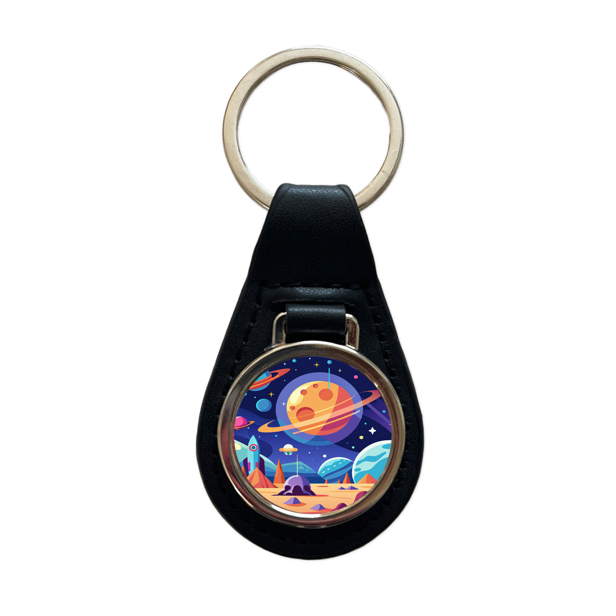 Outer Space Planets Black Leather Metal Keychain