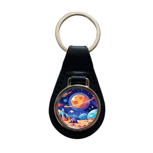 Outer Space Planets Black Leather Metal Keychain