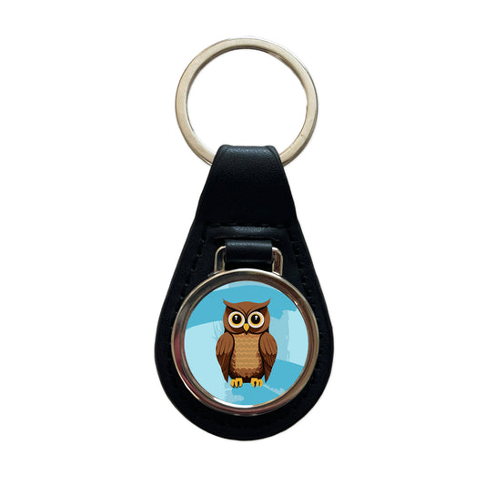 Owl Brown Black Leather Metal Keychain
