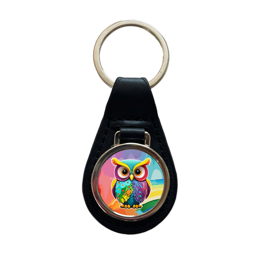 Owl Colorful Black Leather Metal Keychain