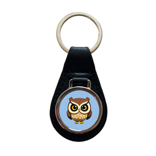 Owl Cute Short Black Leather Metal Keychain