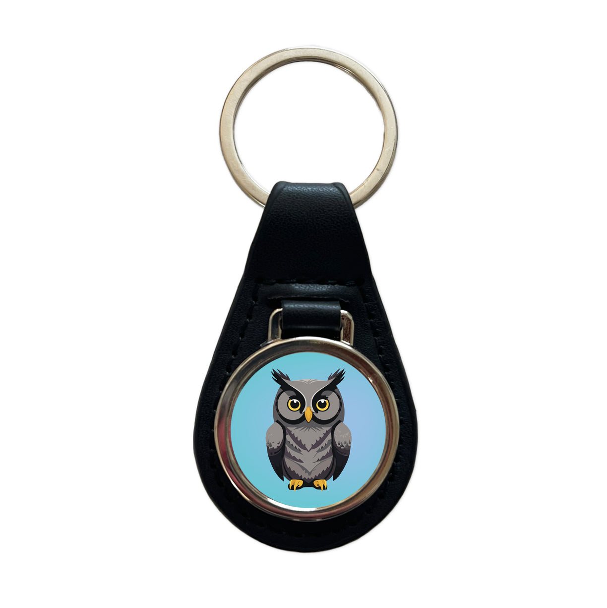Owl Gray Staring Black Leather Metal Keychain