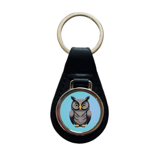 Owl Gray Staring Black Leather Metal Keychain