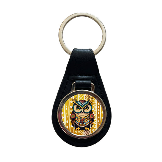 Owl Tribal Colorful Bird Black Leather Metal Keychain