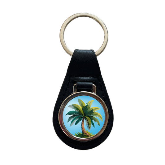 Palm Tree Lush Tropical Black Leather Metal Keychain