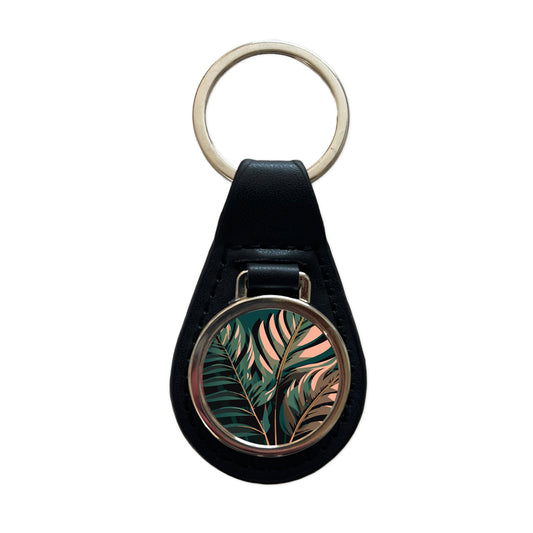 Palm Trees Leaves Fronds Tropical Foliage Black Leather Metal Keychain