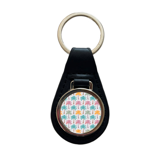 Palm Trees Tropical Pastel Pattern Black Leather Metal Keychain