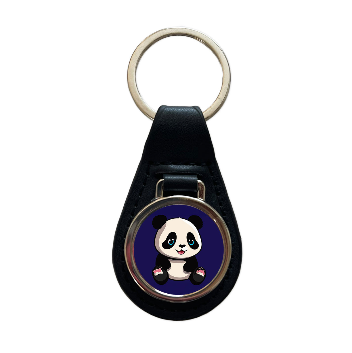 Panda Cute Smiling Black Leather Metal Keychain