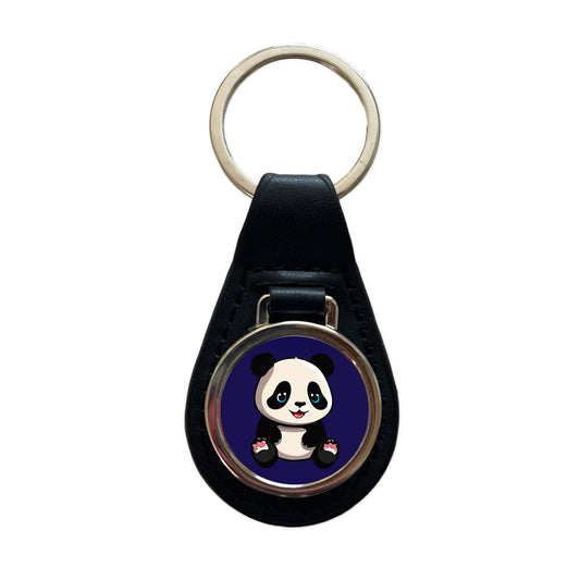 Panda Cute Smiling Black Leather Metal Keychain