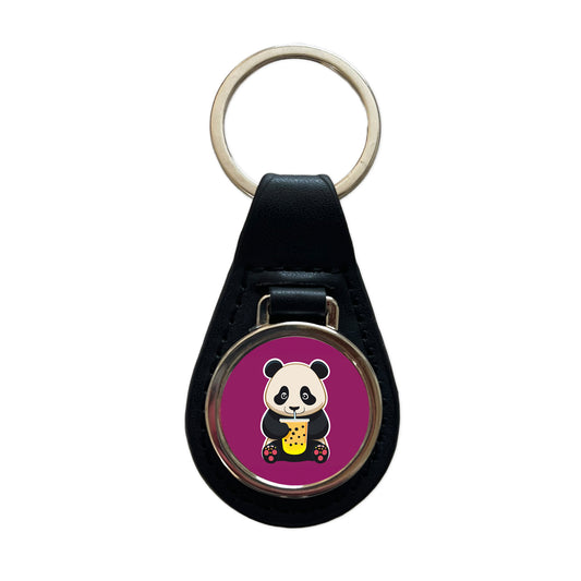 Panda Drinking Boba Bubble Tea Black Leather Metal Keychain