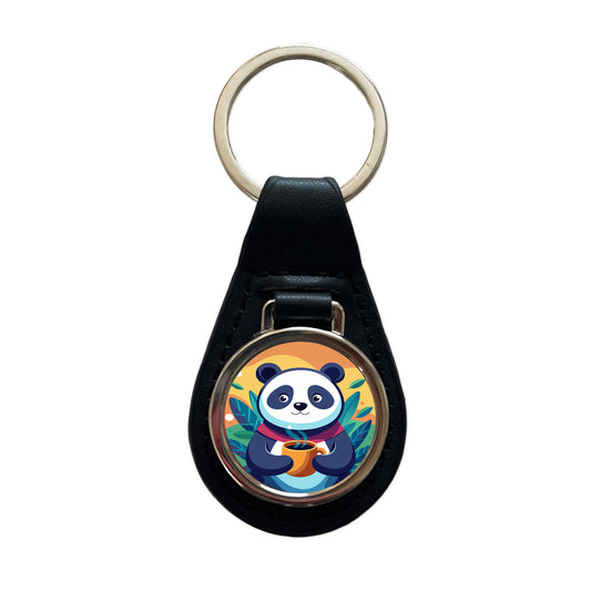 Panda Drinking Coffee Black Leather Metal Keychain