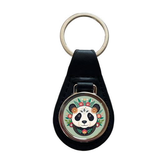 Panda Head Floral Flowers Black Leather Metal Keychain