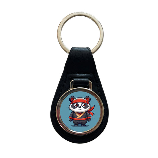Panda Ninja Black Leather Metal Keychain