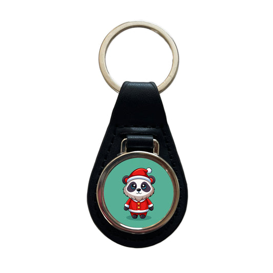 Panda Santa Christmas Black Leather Metal Keychain