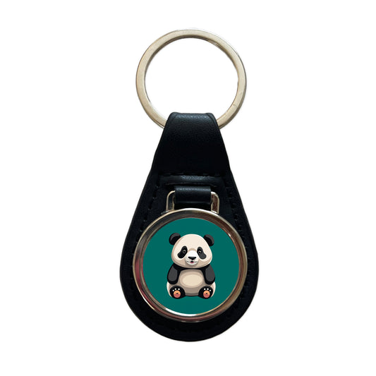 Panda Sitting Black Leather Metal Keychain