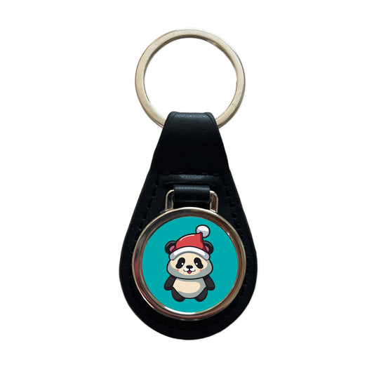 Panda Wearing Santa Hat Christmas Black Leather Metal Keychain