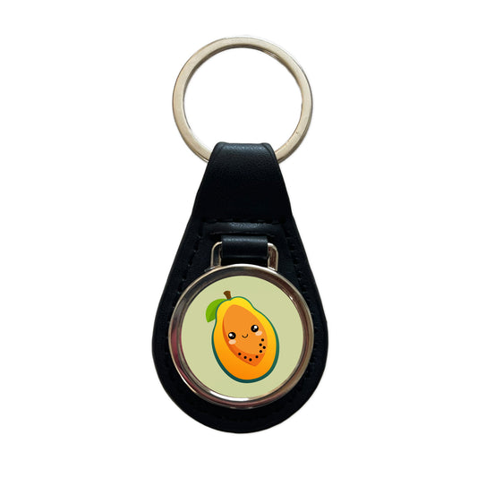 Papaya Cute Happy Fruit Black Leather Metal Keychain