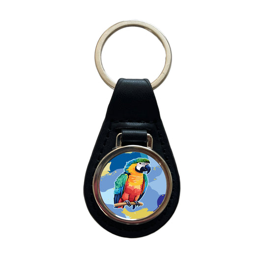 Parrot Bird Colorful Watercolor Black Leather Metal Keychain