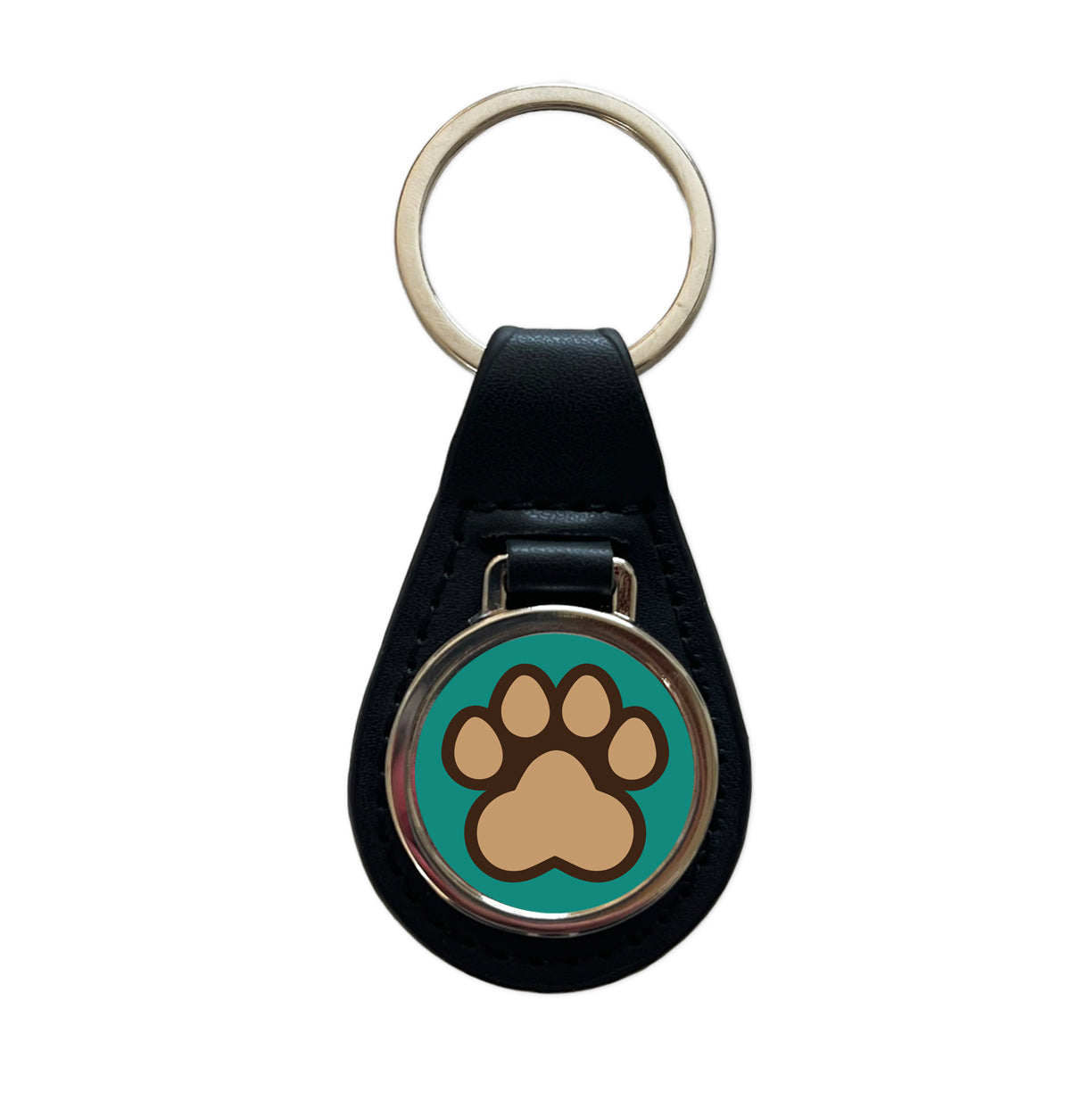 Paw Print Dogs Cats Black Leather Metal Keychain