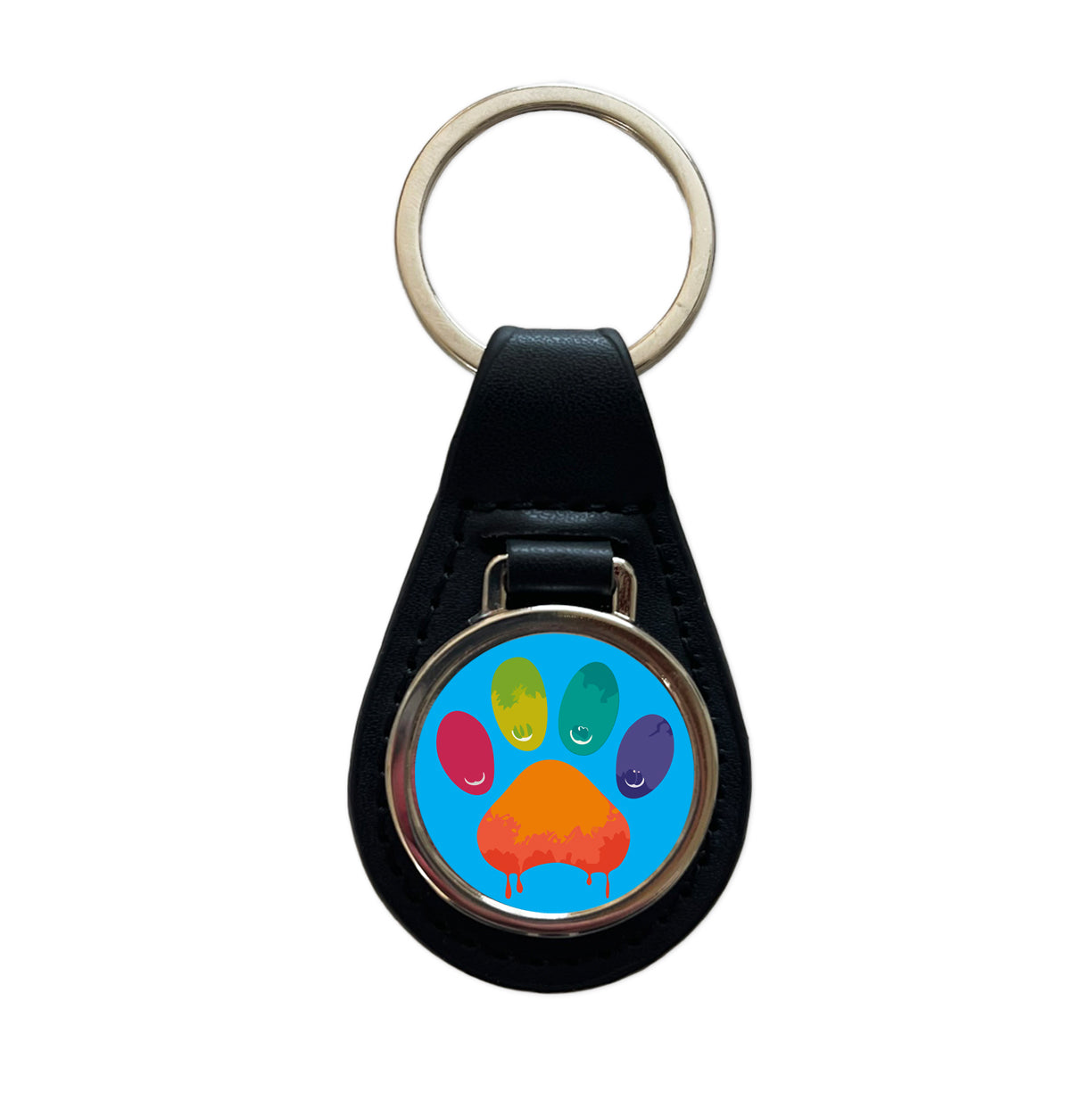 Paw Print Rainbow Dogs Cats Black Leather Metal Keychain