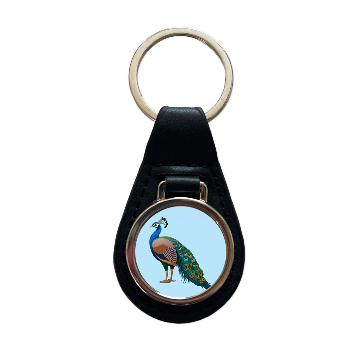 Peacock Indian Peafowl Profile Black Leather Metal Keychain