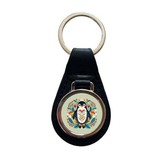 Penguin Floral Flowers Black Leather Metal Keychain