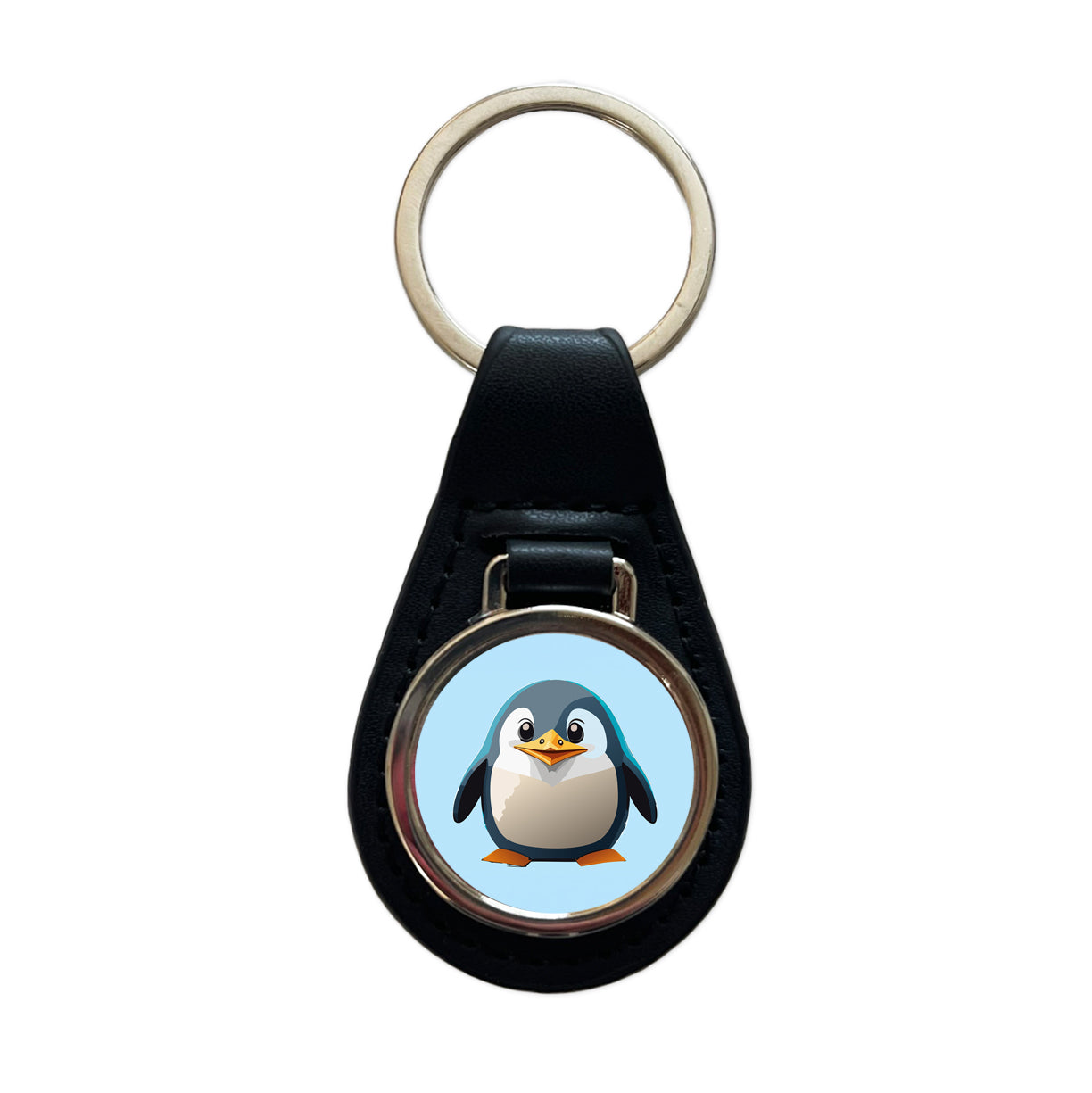Penguin Standing Black Leather Metal Keychain