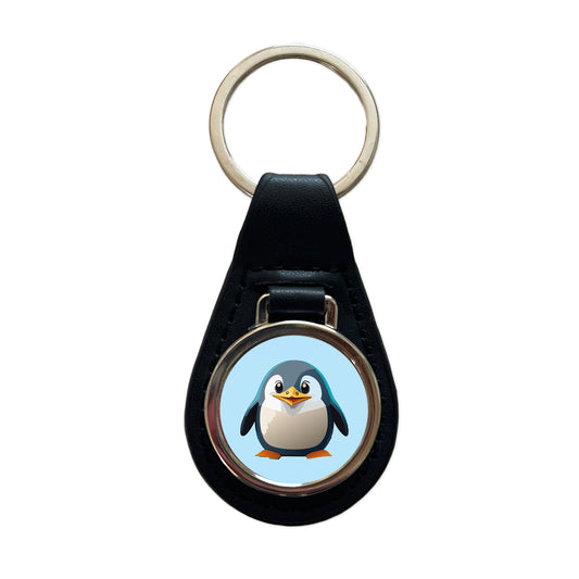 Penguin Standing Black Leather Metal Keychain