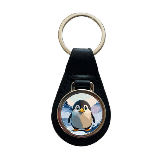 Penguin Staring Black Leather Metal Keychain